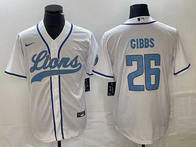 Men%27s Detroit Lions #26 Jahmyr Gibbs White Cool Base Stitched Baseball Jersey